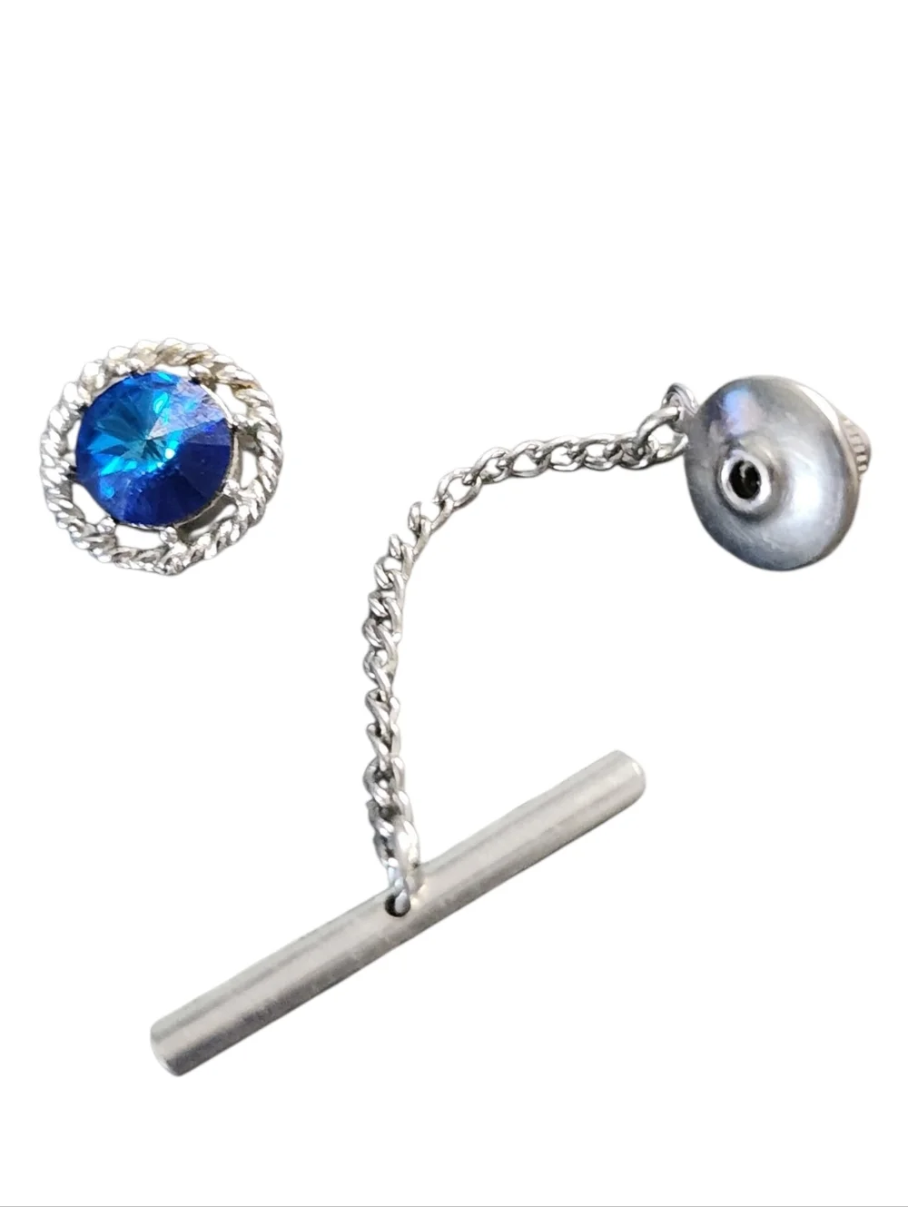 Dante Silvertone Tie Clip Cufflink Set Mesh Blue Rivoli Crystals Vintage